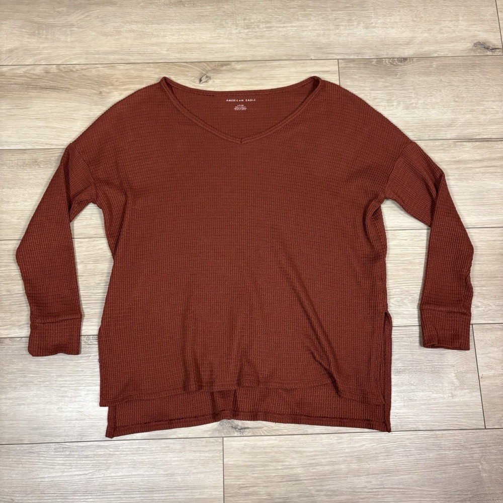 American Eagle Pullover Sweater Womens S Rust V Neck Long Sleeve Waffle Knitted